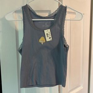 Blue mushroom embroidered lace tank top